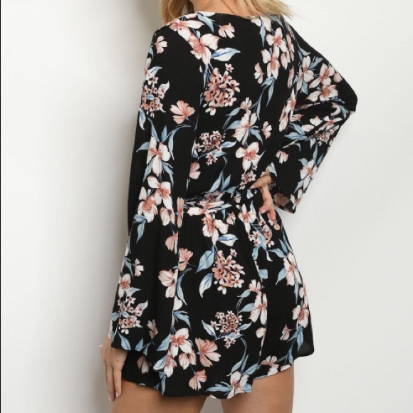 Black Floral Tie Belt Romper - Picture 2 of 3